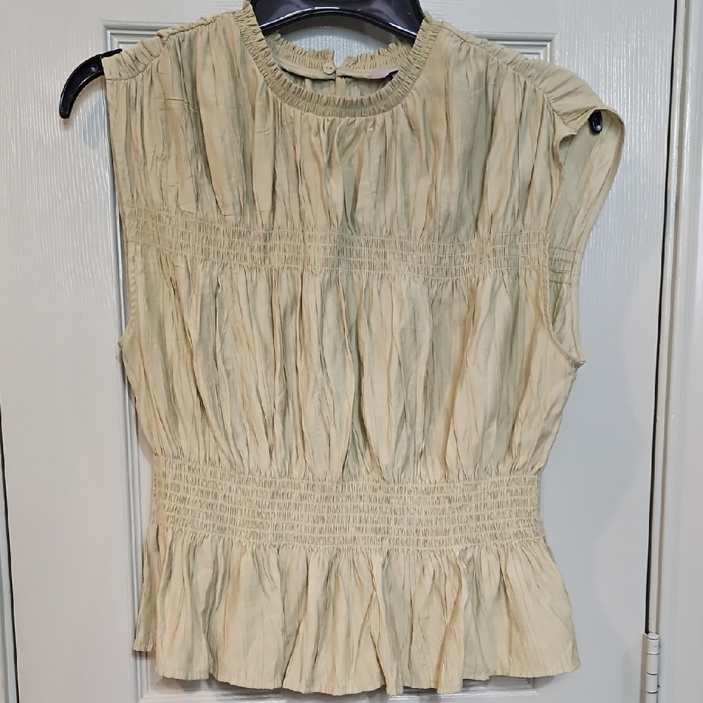 H&M Olive Cap Sleeve Smocked Peplum Blouse